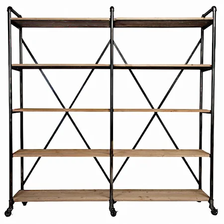 Ludlow Shelving Wall Unit with 5 Reclaimed Wood Shelves, Metal Pipe Frame and Casters